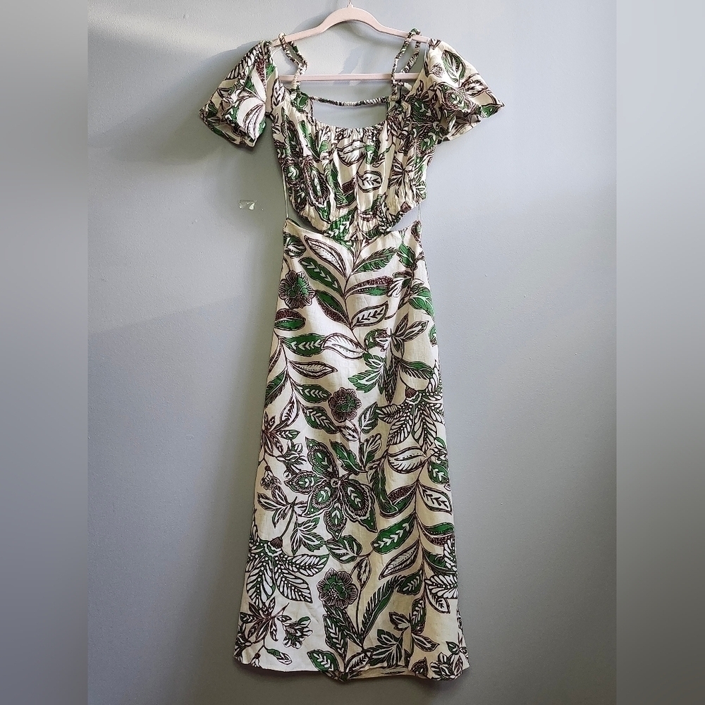 NWOT ZARA Beige linen floral paisley cutout open back maxi dress - Picture 3 of 13